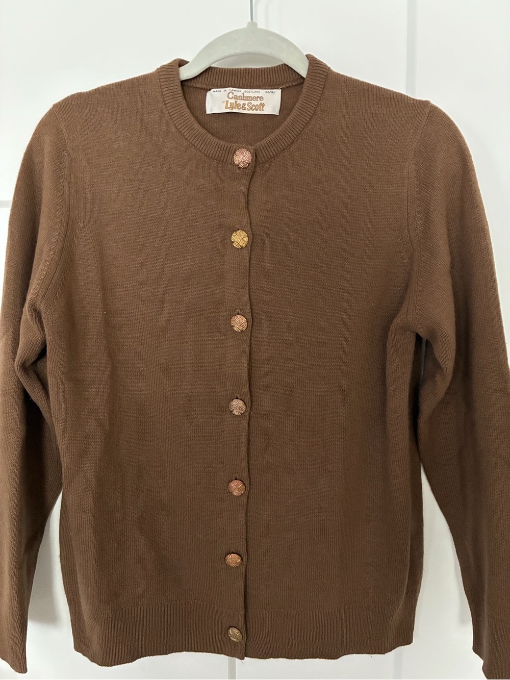 Vintage Lyle & Scott Brown Crewneck Button-Front Cashmere Blend Cardigan
